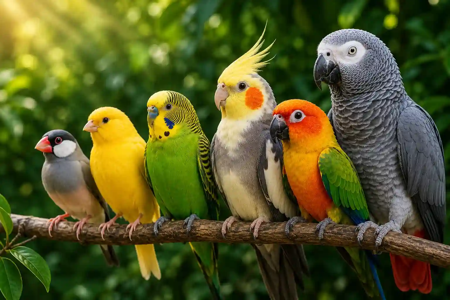 How long do pet birds live? Popular pet bird species including a finch, canary, budgie, cockatiel, sun conure, and African Grey parrot perched together on a branch.