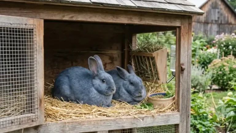 Two grey rabbits sitting on straw inside a traditional outdoor wooden hutch, serving as a housing comparison in our comprehensive rabbit care guide.