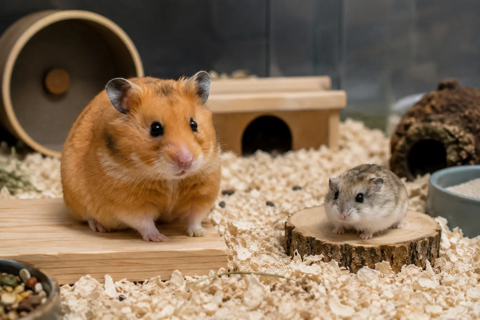 Side-by-side comparison of a Syrian vs Dwarf Hamster showing differences in size, appearance, and temperament.