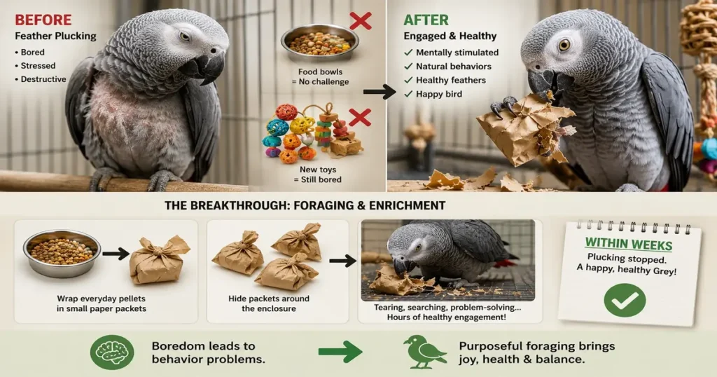 Foraging example image of an African Grey. Before and after images shows how the bird gets busy with simple foraging method from avian foraging guide.