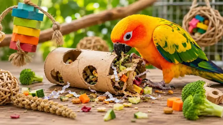 Avian foraging guide showing a sun conure using a homemade cardboard food puzzle for mental enrichment and natural feeding behavior.