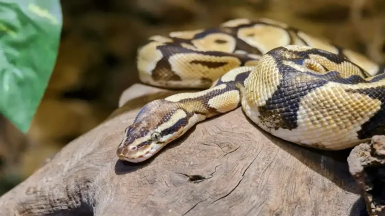 A ball python resting on a wooden log inside a terrarium, featured in this ball python care guide.