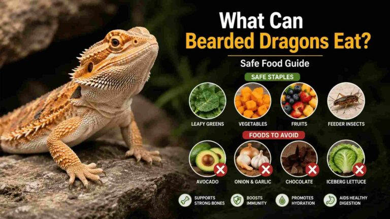 A bearded dragon sitting next to an infographic detailing a healthy bearded dragon diet, showing safe staples like leafy greens and insects, and foods to avoid like avocado and iceberg lettuce.