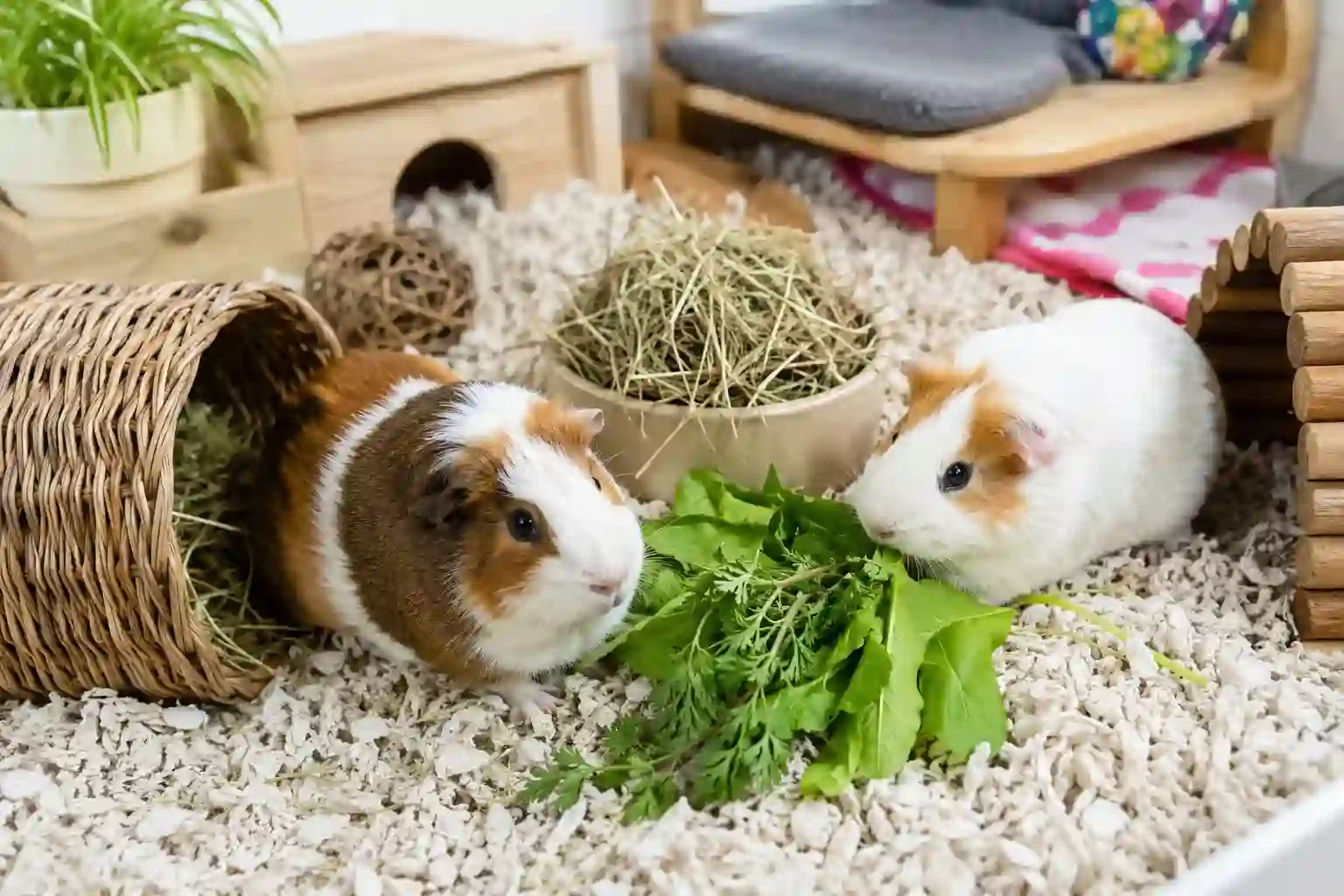 A tricolor and a white guinea pig eating leafy greens on a thick layer of white paper, illustrating a top choice for the best bedding for guinea pigs.
