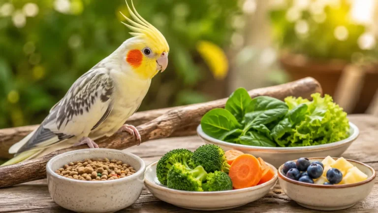 A cockatiel perched on a branch next to small bowls of pellets, fresh broccoli, sliced carrots, blueberries, and leafy greens, illustrating the best diet for cockatiels.