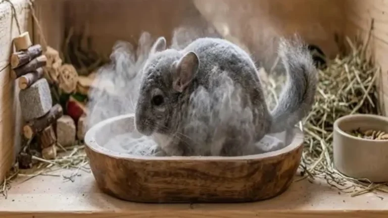 Gray chinchilla taking a dust bath in a wooden bowl inside its enclosure, featured in a beginner chinchilla care guide on grooming and coat maintenance.