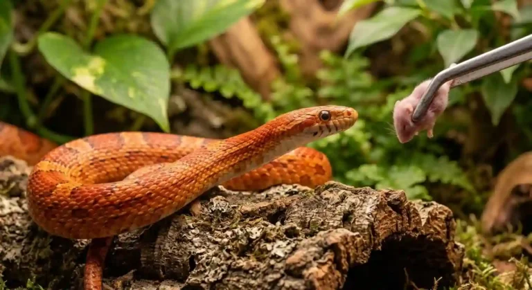 Close-up of a healthy corn snake eating a mouse, illustrating proper prey size in a corn snake feeding guide by age.