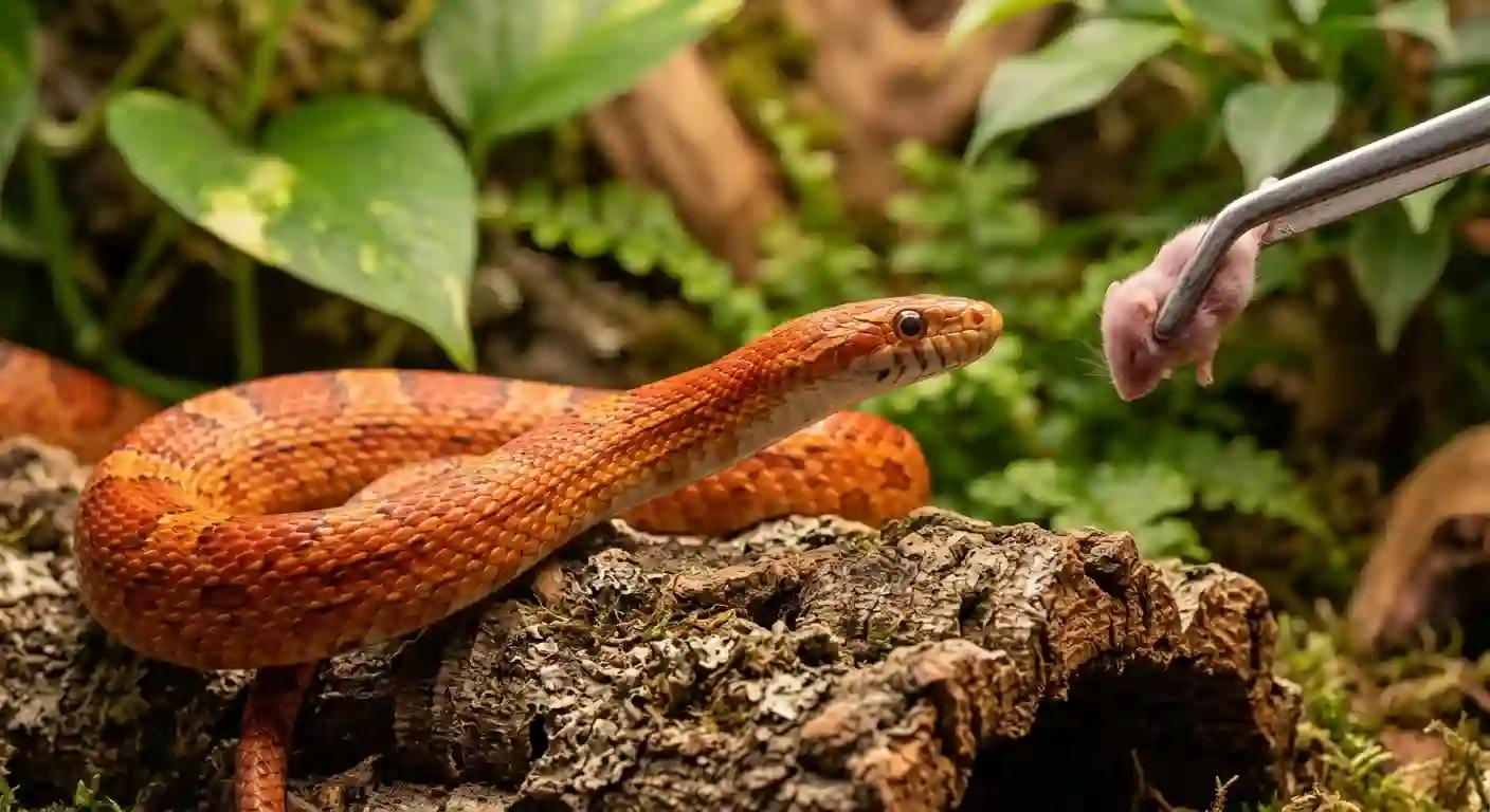 Close-up of a healthy corn snake eating a mouse, illustrating proper prey size in a corn snake feeding guide by age.