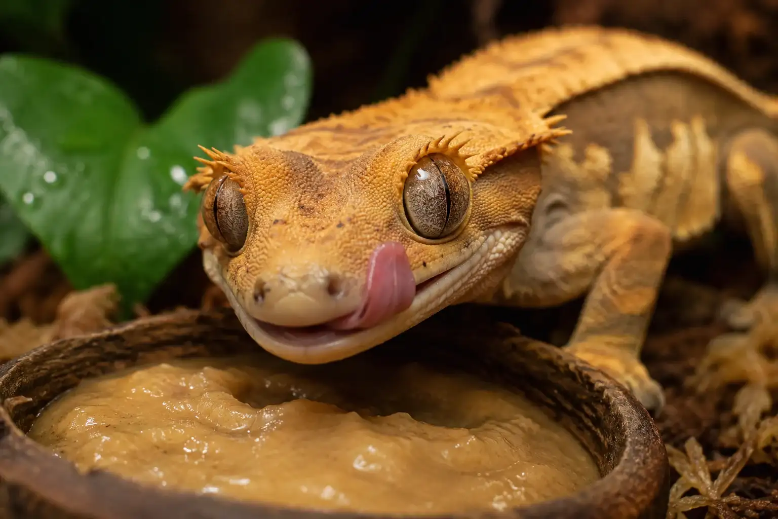 An orange crested gecko licking its mouth next to a small dish filled with prepared meal in the crested gecko diet guide.