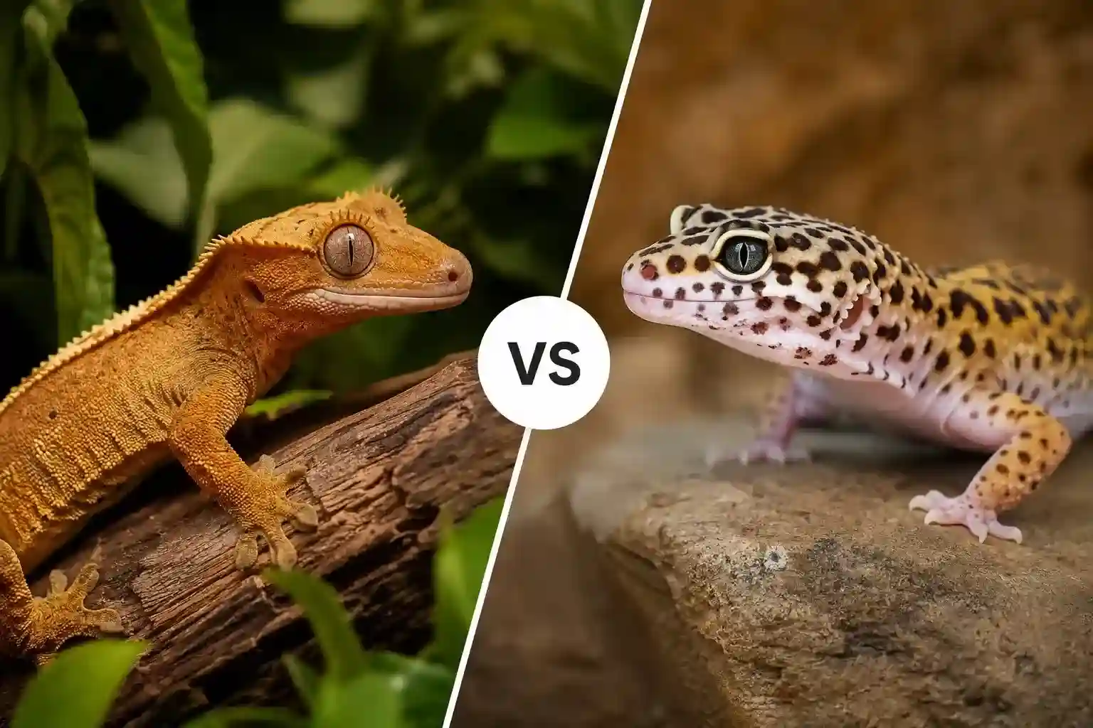 Crested Gecko vs Leopard Gecko comparison showing a crested gecko in a tropical habitat beside a leopard gecko in a desert-style enclosure.