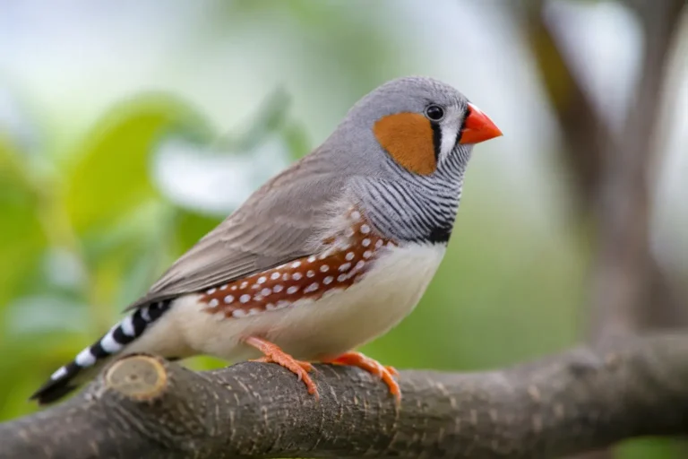 A colorful male Zebra finch perched on a branch, illustrating proper finch care and a healthy natural habitat.