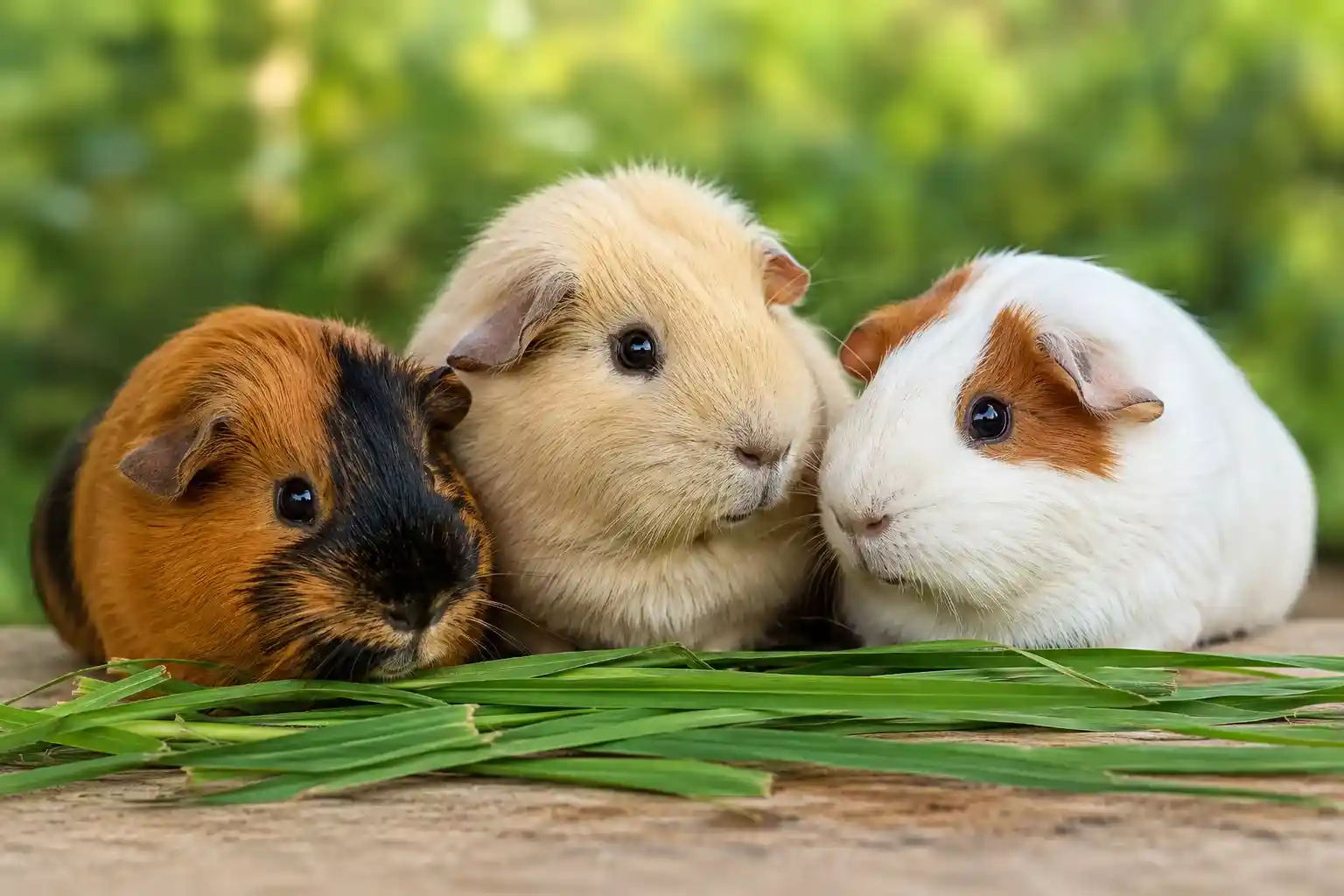 Guinea pig lifespan illustrated by three healthy guinea pigs eating fresh grass in a natural outdoor setting.