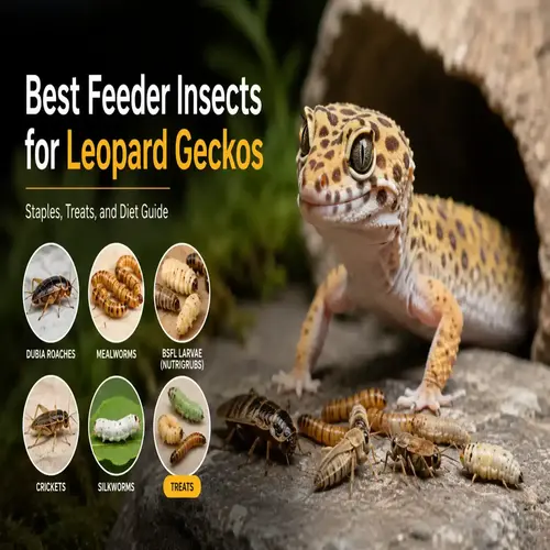 A visual guide to a healthy leopard gecko diet, featuring a gecko next to labeled staple feeder insects like dubia roaches, mealworms, and crickets, as well as occasional treats.