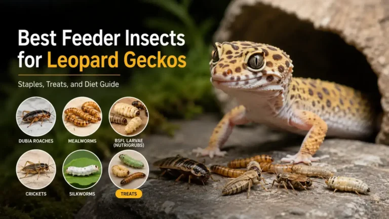 A visual guide to a healthy leopard gecko diet, featuring a gecko next to labeled staple feeder insects like dubia roaches, mealworms, and crickets, as well as occasional treats.