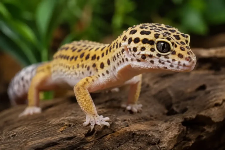 Leopard gecko lifespan illustrated by a healthy adult leopard gecko resting on a natural wooden log in a well-maintained terrarium.