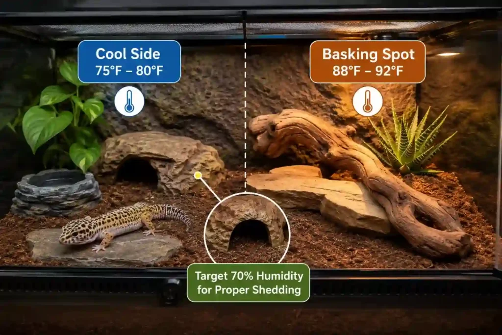A split-screen terrarium diagram showing a cool side at 75 to 80 degrees Fahrenheit on the left and a basking spot at 88 to 92 degrees Fahrenheit on the right. A central callout points to a moist hide requiring 70 percent humidity.