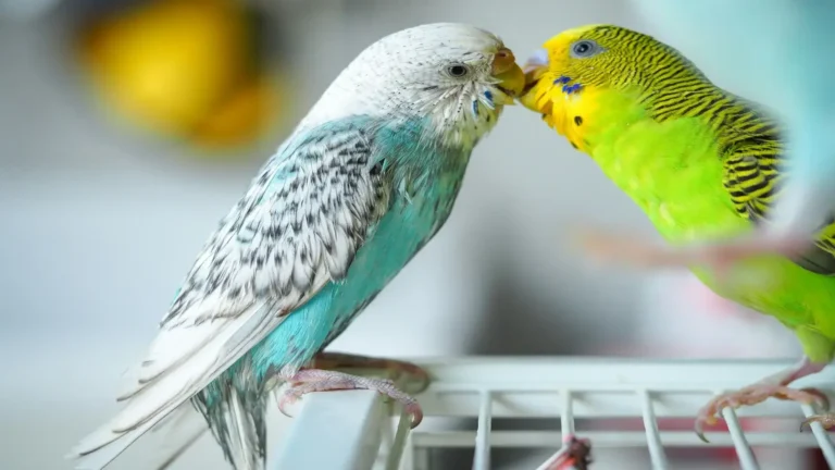 A light blue parakeet and a green parakeet interacting on a white wire cage perch, illustrating the health benefits discussed in this parakeet diet guide.