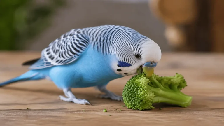A bright blue budgie eating a raw broccoli floret on a wooden table, demonstrating excellent options for safe fruits and vegetables for parakeets.