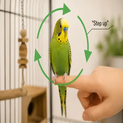 A green and yellow bird perched securely on a human index finger with a circular arrow graphic and the text "Step up," illustrating the repetition needed to successfully tame a scared parakeet.