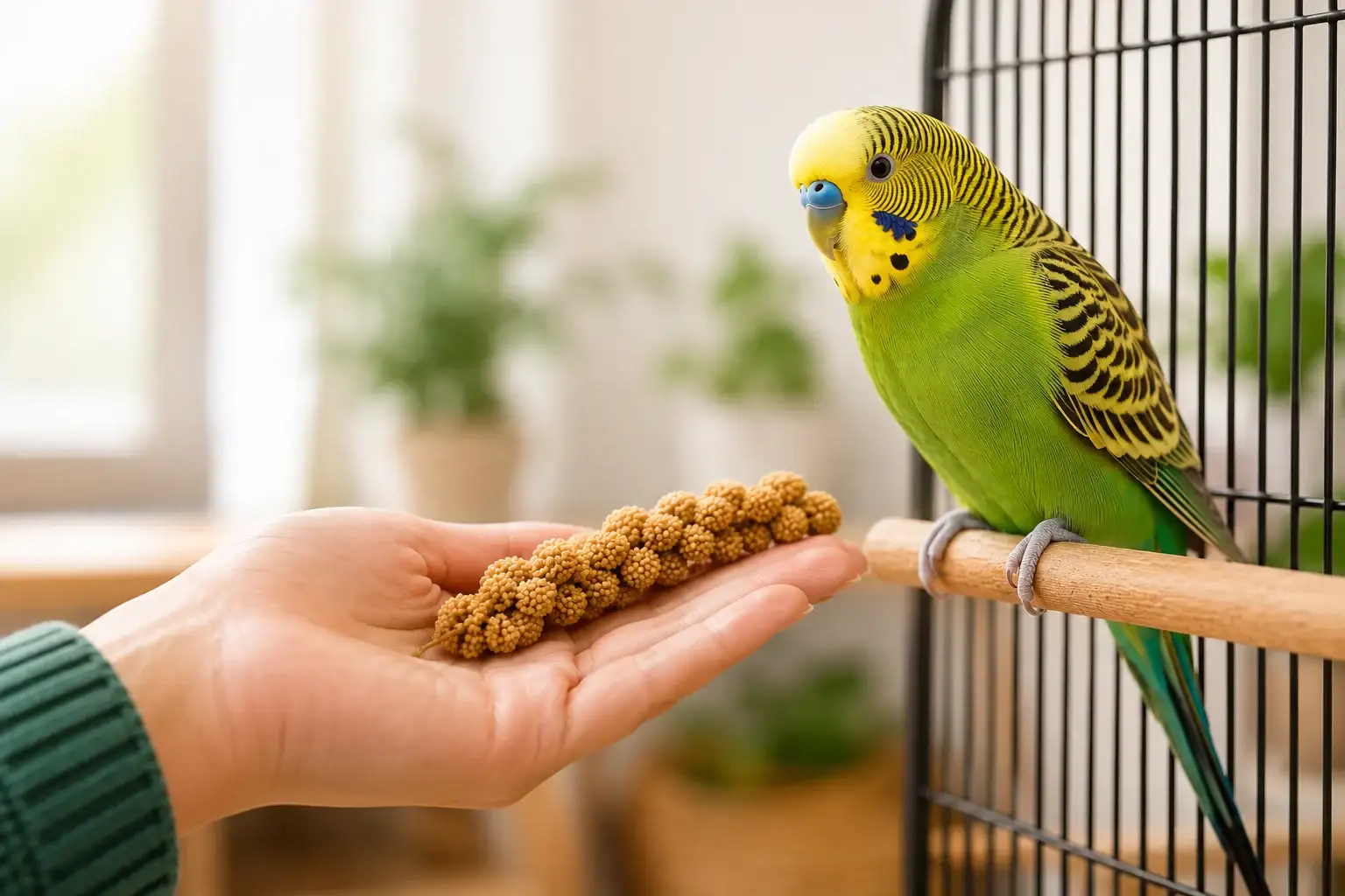 A hand gently offering a sprig of millet spray to help tame a scared parakeet perched safely on a wooden dowel.
