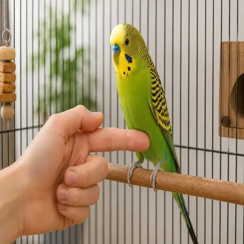A hand extending an index finger toward a green and yellow parakeet on a wooden perch, teaching finger taming to tame a scared parakeet and teach the step-up command.