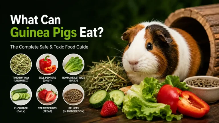 A guinea pig next to fresh vegetables, featuring an infographic guide on what can guinea pigs eat, including Timothy hay, bell peppers, romaine lettuce, cucumber, strawberries, and pellets.