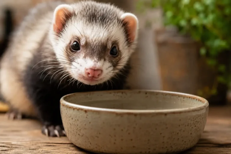 Close-up of a healthy pet ferret eating from a ceramic bowl, illustrating what do ferrets eat and a proper carnivorous diet.
