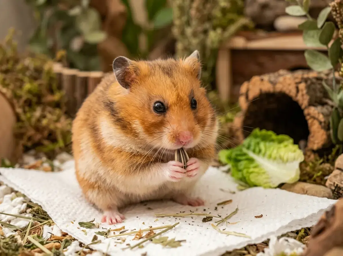 A golden Syrian hamster holding a striped sunflower seed with fresh lettuce in the background, demonstrating exactly what do hamsters eat during natural foraging.