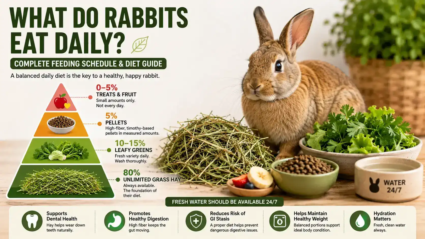 What do rabbits eat daily infographic showing a healthy rabbit beside Timothy hay, leafy greens, pellets, and small fruit treats, with a rabbit food pyramid illustrating the ideal daily diet percentages.