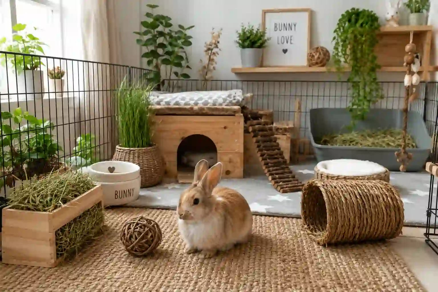 A small, light brown and white rabbit sitting comfortably in a well-equipped indoor rabbit housing enclosure, featuring a wooden hideaway, a woven tunnel, a hay feeder, and a ceramic bowl.