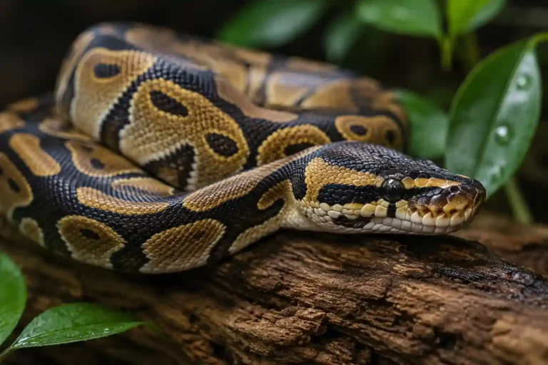 A healthy ball python resting on a wooden log, serving as a visual reference for a ball python feeding chart by age.