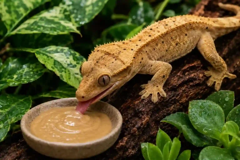 A yellow crested gecko licking a bowl of the best crested gecko foods for picky eaters on a cork branch.
