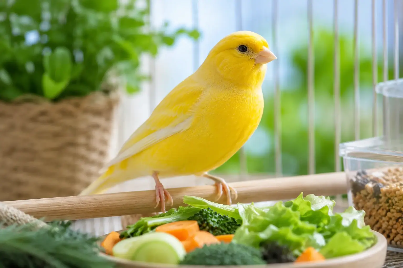 Canary diet guide showing a healthy yellow canary eating a balanced diet with fresh vegetables and a quality seed mix.