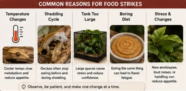 An infographic displaying common causes of an appetite loss, such as a boring diet or a large tank, highlighting the need for the best crested gecko foods for picky eaters.