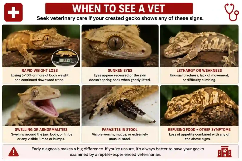 An infographic detailing when to see a vet for rapid weight loss or sunken eyes while testing the best crested gecko foods for picky eaters.